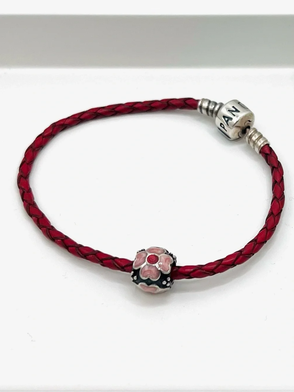 Pandora Moments Dark Pink Burgundy Braided Leather Bracelet w/Flower Bead